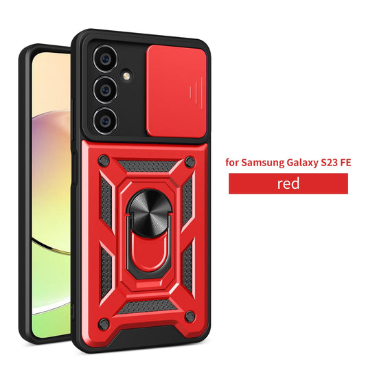 Anti-drop ring case with camera protector for Samsung S23 FE Red.