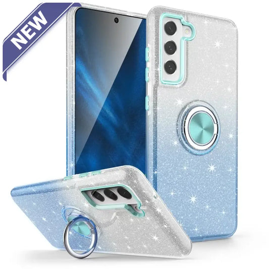 Two Tone 3Pcs Shiny Ring Case For Samsung S24 Blue/Silver. Cases