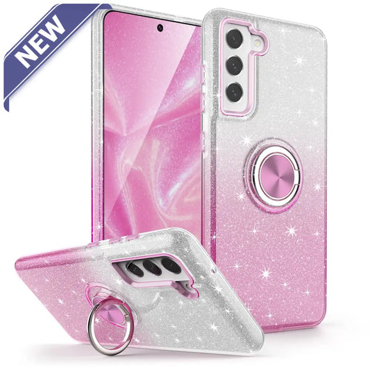 Two Tone 3Pcs Shiny Ring Case For Samsung S24 Pink/Silver. Cases