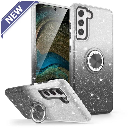 Two Tone 3Pcs Shiny Ring Case For Samsung S24 Plus Black/Silver. Cases