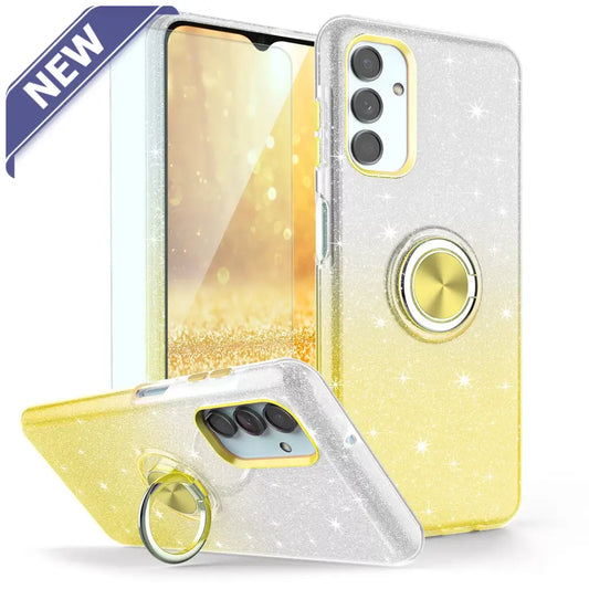 Two Tone 3Pcs Shiny Ring Case For Samsung S24 Plus Yellow/Silver. Cases