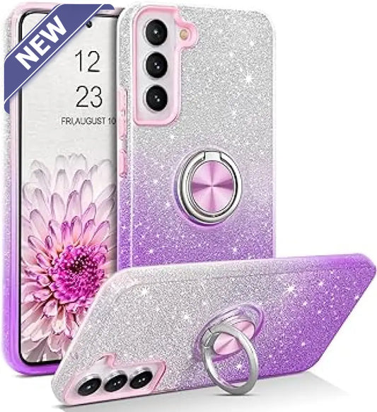 Two Tone 3Pcs Shiny Ring Case For Samsung S24 Purple/Silver. Cases