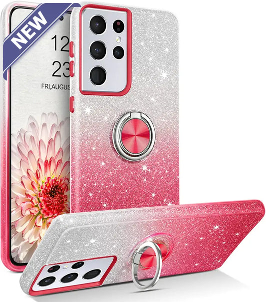 Two Tone 3Pcs Shiny Ring Case For Samsung S24 Red/Silver. Cases