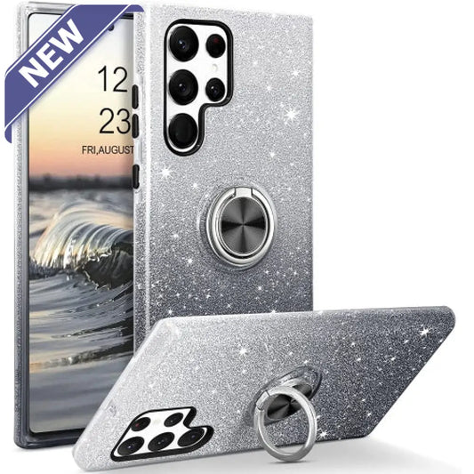 Two Tone 3Pcs Shiny Ring Case For Samsung S24 Ultra Black/Silver. Cases