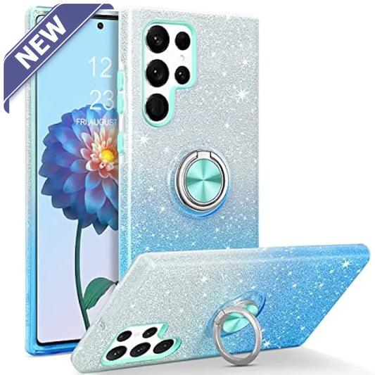 Two Tone 3Pcs Shiny Ring Case For Samsung S24 Ultra Blue/Silver. Cases