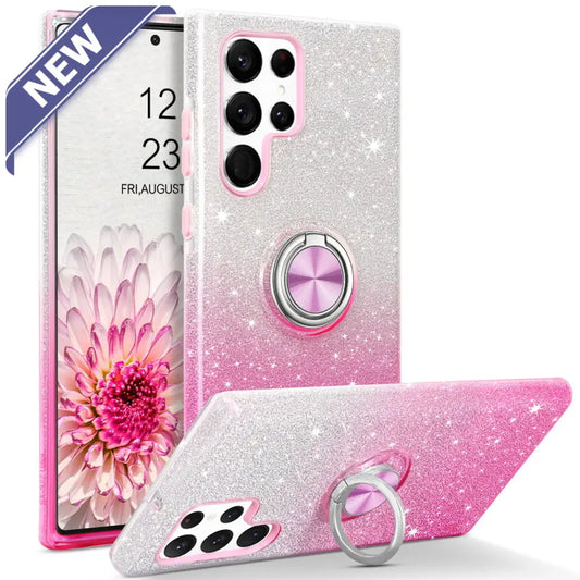 Two Tone 3Pcs Shiny Ring Case For Samsung S24 Ultra Pink/Silver. Cases