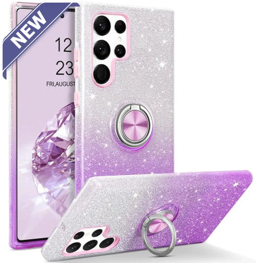 Two Tone 3Pcs Shiny Ring Case For Samsung S24 Ultra Purple/Silver. Cases
