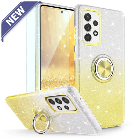Two Tone 3Pcs Shiny Ring Case For Samsung S24 Ultra Yellow/Silver. Cases